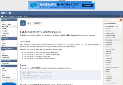 
                            9. SQL Server: CREATE LOGIN statement - TechOnTheNet