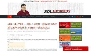 
                            3. SQL SERVER - FIX : Error 15023: User already exists in current ...