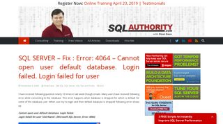 
                            1. SQL SERVER - Fix : Error: 4064 - Cannot open user default database ...