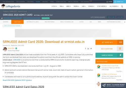 
                            6. SRMJEEE 2019 Admit Card: Download from srmuniv.ac.in