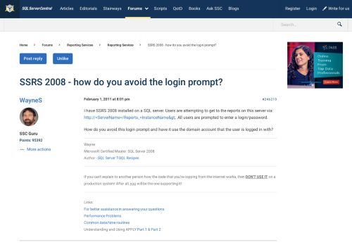 
                            5. SSRS 2008 - how do you avoid the login prompt? - SQL Server Central