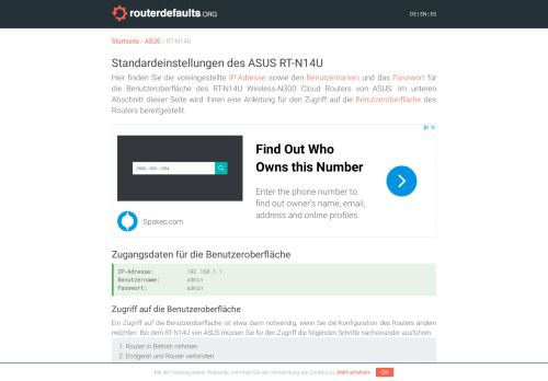 
                            5. Standardeinstellungen des ASUS RT-N14U - routerdefaults.org