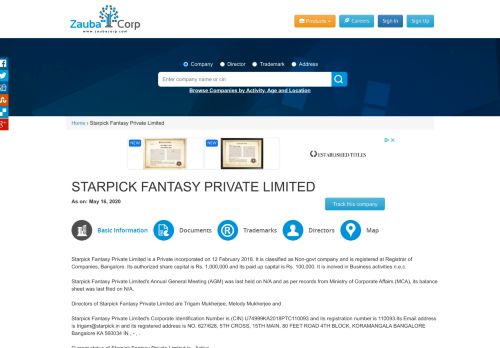 
                            12. STARPICK FANTASY PRIVATE LIMITED - Company, directors and ...