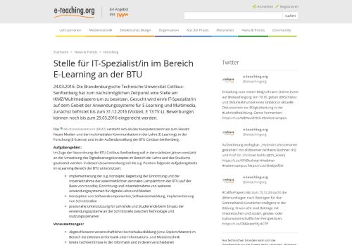 
                            4. Stelle für IT-Spezialist/in im Bereich E-Learning an der BTU — e ...