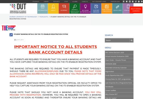 
                            5. Student Banking Details on the ITS iEnabler Registration ... - DUT's