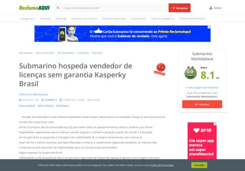 
                            9. Submarino hospeda vendedor de licenças sem garantia Kasperky Brasil
