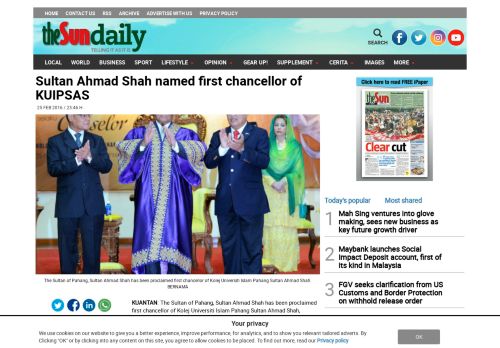 
                            12. Sultan Ahmad Shah named first chancellor of KUIPSAS - ...