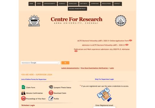 
                            4. Supervisor Login - Centre For Research - Anna University