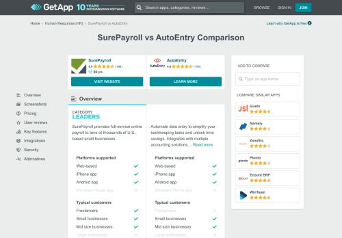 
                            13. SurePayroll vs AutoEntry Comparison Chart of Features | GetApp®