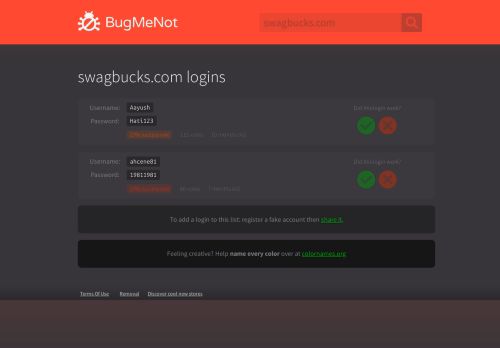 
                            8. swagbucks.com passwords - BugMeNot