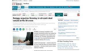 
                            10. Swiggy acquires Scootsy in all-cash deal valued at Rs 50 crore