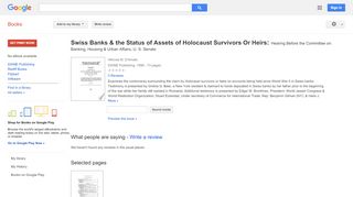 
                            11. Swiss Banks & the Status of Assets of Holocaust Survivors Or Heirs: ...