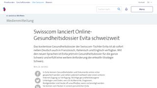 
                            11. Swisscom lanciert Online-Gesundheitsdossier Evita schweizweit ...