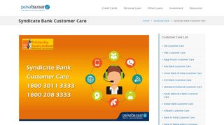 
                            11. Syndicate Bank Customer Care, 24x7 Toll-Free Number