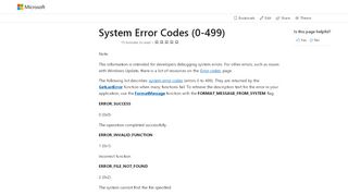 
                            5. System Error Codes (0-499) - Windows applications | Microsoft Docs