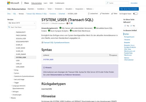 
                            4. SYSTEM_USER (Transact-SQL) - SQL Server | Microsoft Docs