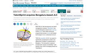 
                            12. TalentSprint acquires Bengaluru-based JLC - The Economic Times