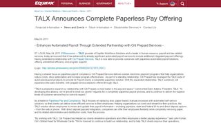 
                            9. TALX Announces Complete Paperless Pay Offering | Equifax