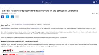 
                            13. Tamedia: Nach Ricardo übernimmt man auch tutti.ch und car4you.ch ...