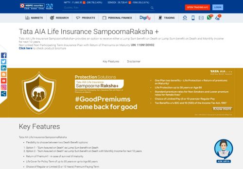 
                            12. Tata AIA Life Insurance SampoornaRaksha Plus - HDFC securities
