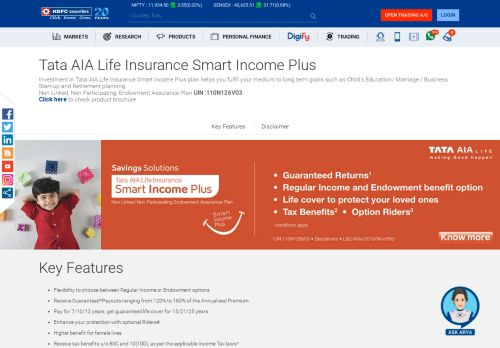 
                            13. Tata AIA Life Insurance Smart Income Plus - HDFC securities