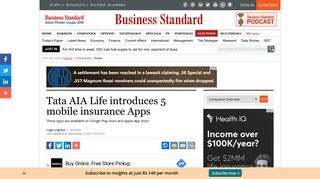 
                            9. Tata AIA Life introduces 5 mobile insurance Apps | Business Standard ...