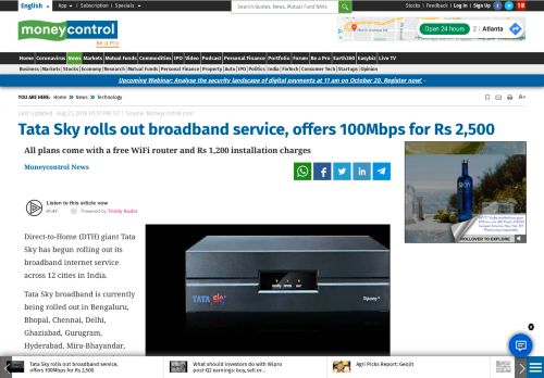 
                            9. Tata Sky rolls out broadband service, offers 100Mbps for Rs 2,500 ...