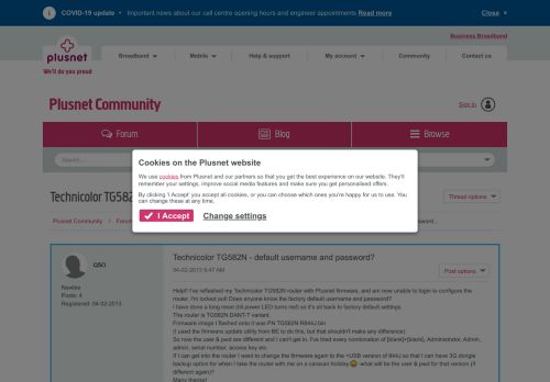
                            11. Technicolor TG582N - default username and password... - Plusnet ...