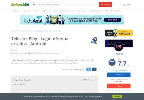 
                            10. Telecine Play - Login e Senha errados - Android - Reclame Aqui