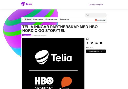 
                            2. Telia inngår partnerskap med HBO Nordic og Storytel - Telia Norge