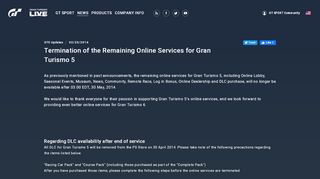 
                            11. Termination of the Remaining Online Services for Gran Turismo 5 ...