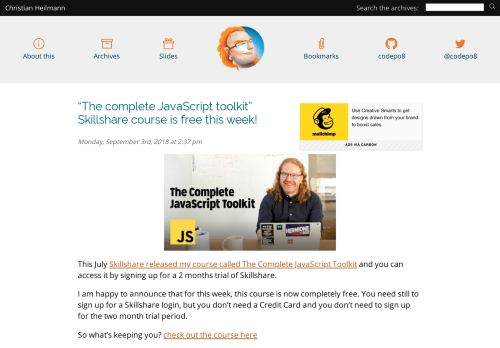 
                            12. “The complete JavaScript toolkit” Skillshare course is free this week ...