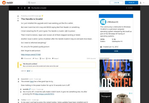 
                            6. The Handle is Invalid : Windows10 - Reddit