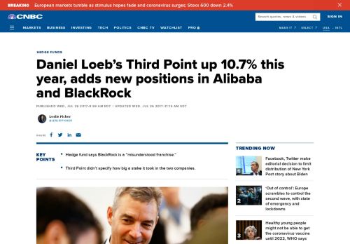 
                            13. Third Point up 10.7% this year, adds new positions in Alibaba and ...
