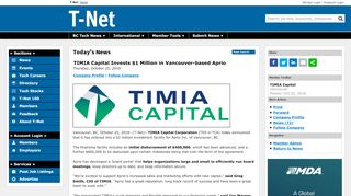 
                            8. TIMIA Capital Invests $1 Million in Vancouver-based Aprio | T-Net News