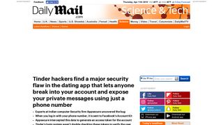 
                            12. Tinder security flaw lets hackers break into your account - The Daily Mail