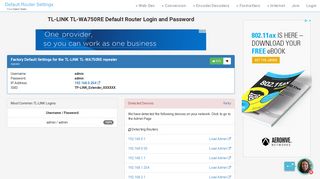 
                            2. TL-LINK TL-WA750RE Default Router Login and Password