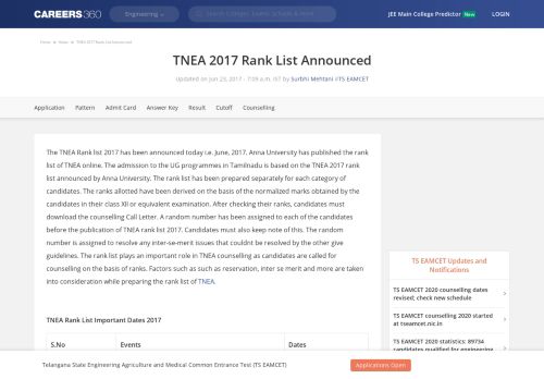 
                            2. TNEA 2017 Rank List Announced - Engineering - Careers360