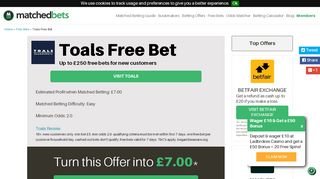 
                            8. Toals free bets, matched betting, Toals bonus ... - MatchedBets.com