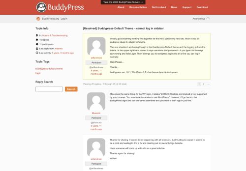
                            1. Topic: [Resolved] Buddypress-Default Theme – cannot log in sidebar ...