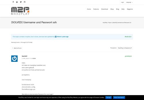 
                            3. Topic: [SOLVED] Username und Passwort ssh | Max2Play
