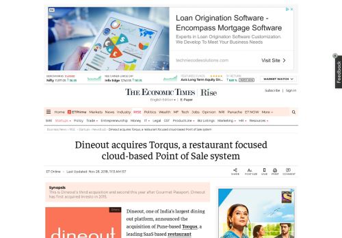 
                            2. Torqus :Dineout acquires Torqus, a restaurant focused cloud-based ...