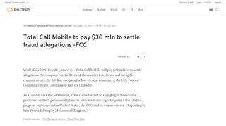 
                            11. Total Call Mobile to pay $30 mln to settle fraud allegations -FCC ...