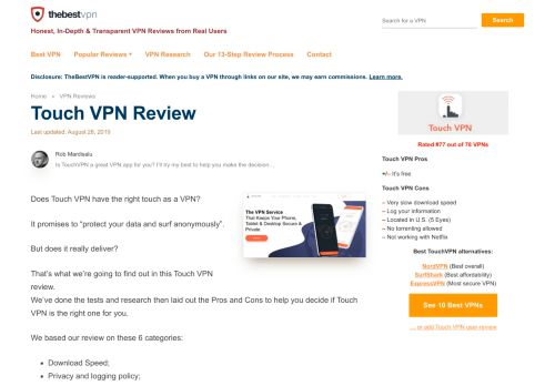 
                            10. Touch VPN Review - The Worst We've Reviewed. (74th out of 74 VPNs)