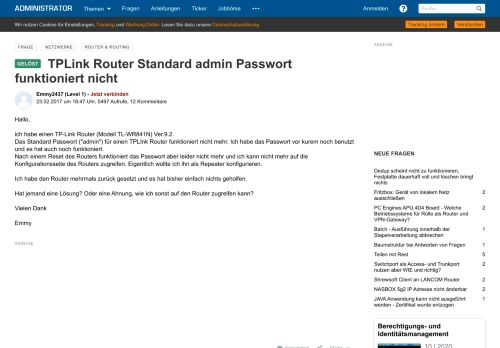
                            8. TPLink Router Standard admin Passwort funktioniert nicht ...