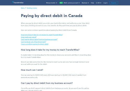 
                            8. TransferWise Help | Canadian Dollars Direct Debit