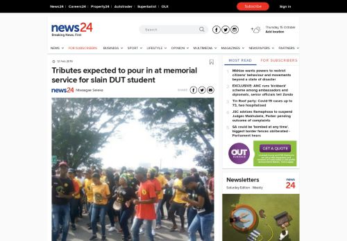 
                            5. Tributes expected to pour in at memorial service for slain DUT student ...