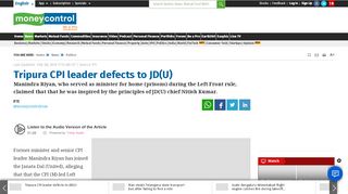 
                            9. Tripura CPI leader defects to JD(U) - Moneycontrol.com