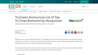 
                            12. TruGreen Announces List of Top 10 Cities Bothered by Mosquitoes