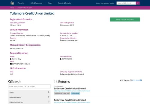 
                            9. Tullamore Credit Union Limited - Lobbying.ie